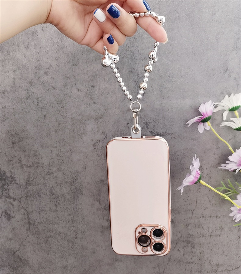 Universal Mobiltelefon Plätering Pärlor Hjärta Anti-förlorade handrem Armband Kedja För iPhone 14 13 pro max Samsung Flip 4 S23 Ultra_voghion.com