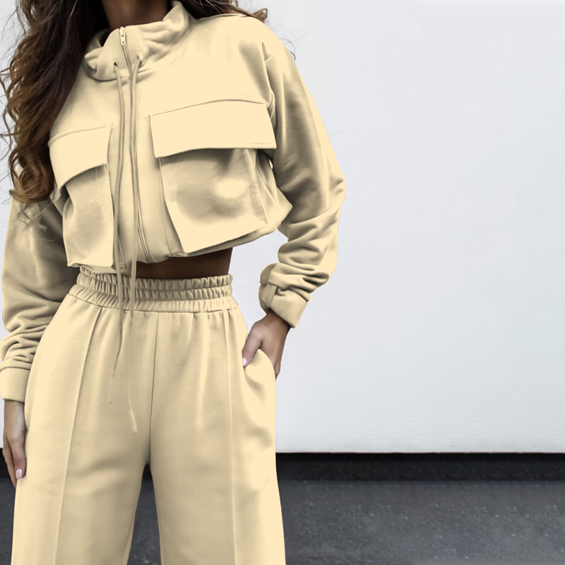 Women's solid color zipper double bag drawstring long sleeve shirt fashion casual long pantsuit_voghion.com