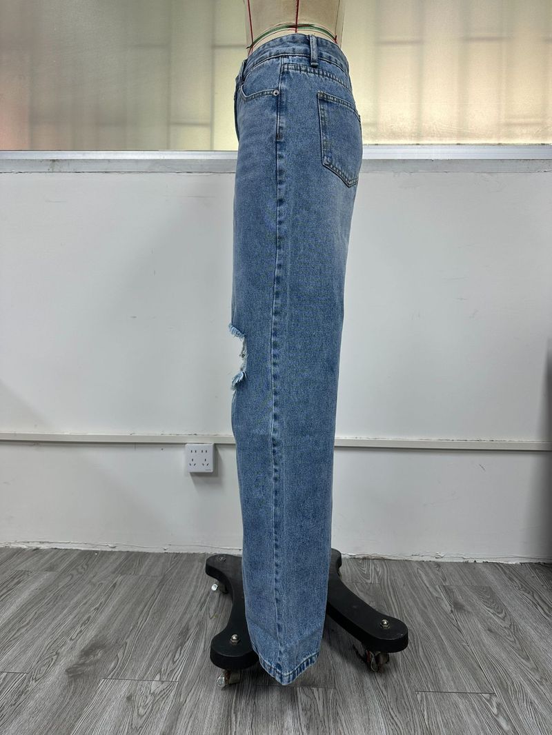 Grænseoverskridende dametøj europæisk og amerikansk INS mode hul højtaljede brede benbukser afslappet denim lang_voghion.com