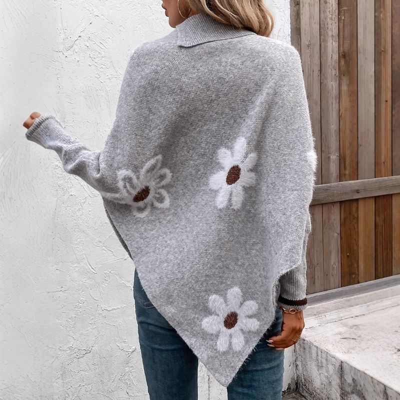 Blumen-Jacquard-Cape-Pullover – Europäisch inspirierter Pullover mit elegantem Cape-Detail (XS-XL, unverzichtbar für den Lagenlook im Herbst)_voghion.com