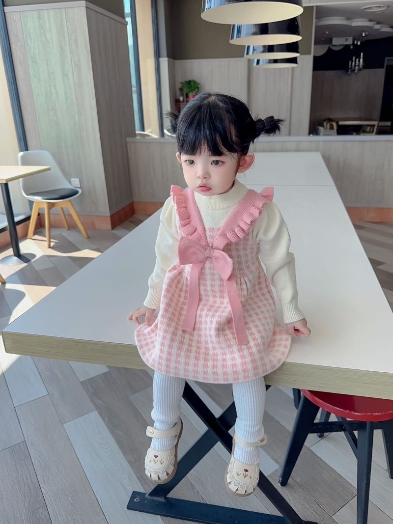 Mädchenkleid, ausgefallenes kleines Mädchen, süßer Strickpullover mit Schleife, Kinderkleid_voghion.com