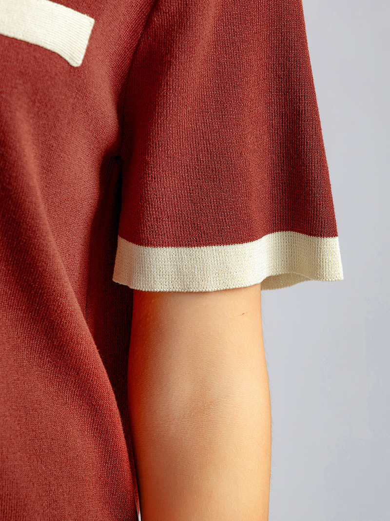 Roupas femininas terno feminino gola redonda botão contraste cor manga curta top cintura alta all-match calças de malha de perna larga conjunto de duas peças_voghion.com