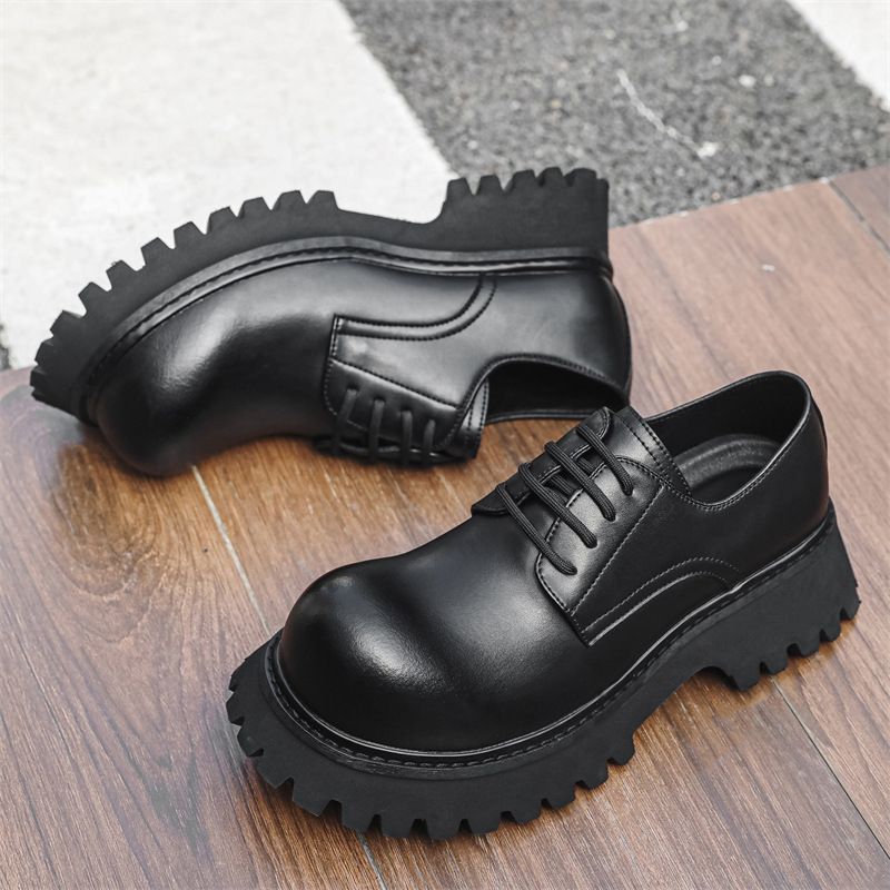 Mocassini unisex in pelle con lacci, stile britannico, grandi, con testa tonda e tacco spesso, 3271-J_voghion.com