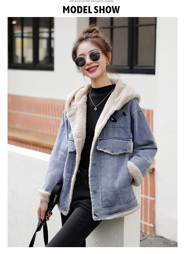 Giacca in denim con fodera in pile per donna - Cappotto corto oversize con colletto polo, caldo capo invernale per taglie piccole e alte_voghion.com