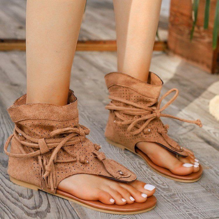 Large size boots for women summer tassel flat toed hollow sandals_voghion.com