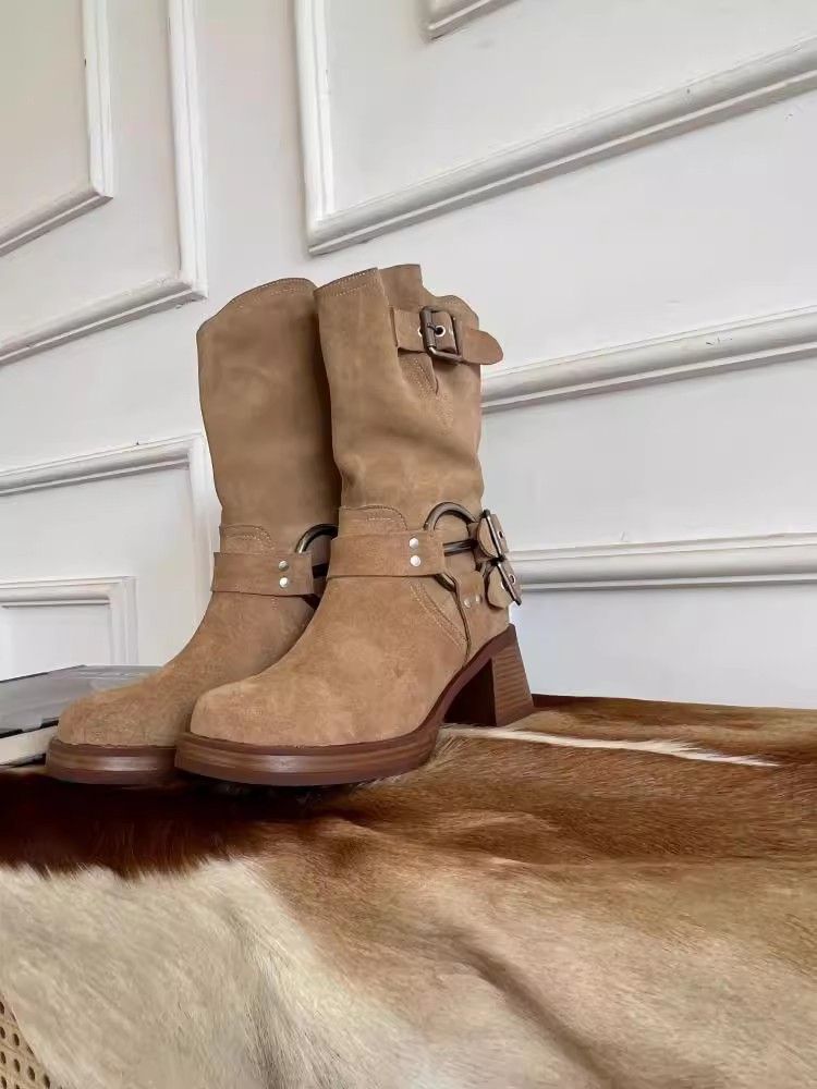 Matte Cowhide Western Cowboy Women's Genuine Leather Thick Heeled Short Boots, Square Toe Brown High Heels,_voghion.com