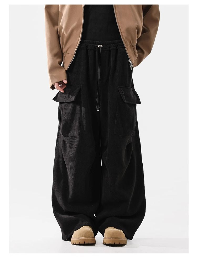 Corduroy Cargo Pants With Fleece Lining – High Waist, 65% Polyester, Drawstring Closure, Black/Khaki, S-XXL (Unisex Winter)_voghion.com
