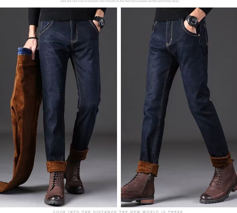 Herrenjeans mit Fleecefutter und geradem Bein – warme, lässige Jeanshose für den Winter mit bequemem Stretch und klassischer Waschung (Schwarz/Blau)_voghion.com