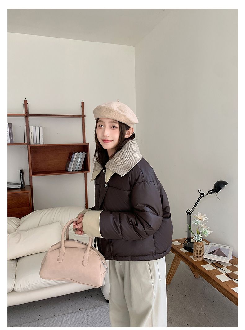 2024 European Knitted Short Down Jacket Women's Winter Fashion Splicing Doll Collar Cotton Coat Trend_voghion.com