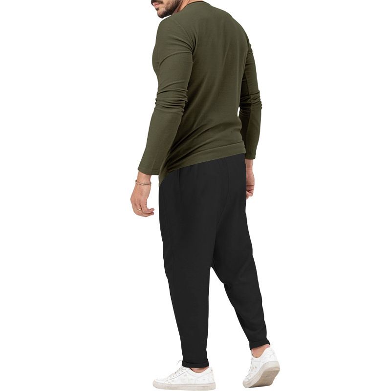 Men's solid color casual long-sleeved Henry T-shirt pantsuit_voghion.com