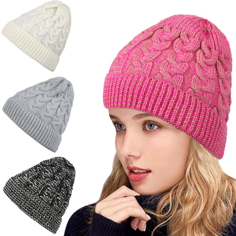 Cappello di lana da donna caldo, lavorato a maglia, con tesa arrotolata e attorcigliata, spesso, con grande circonferenza della testa_voghion.com