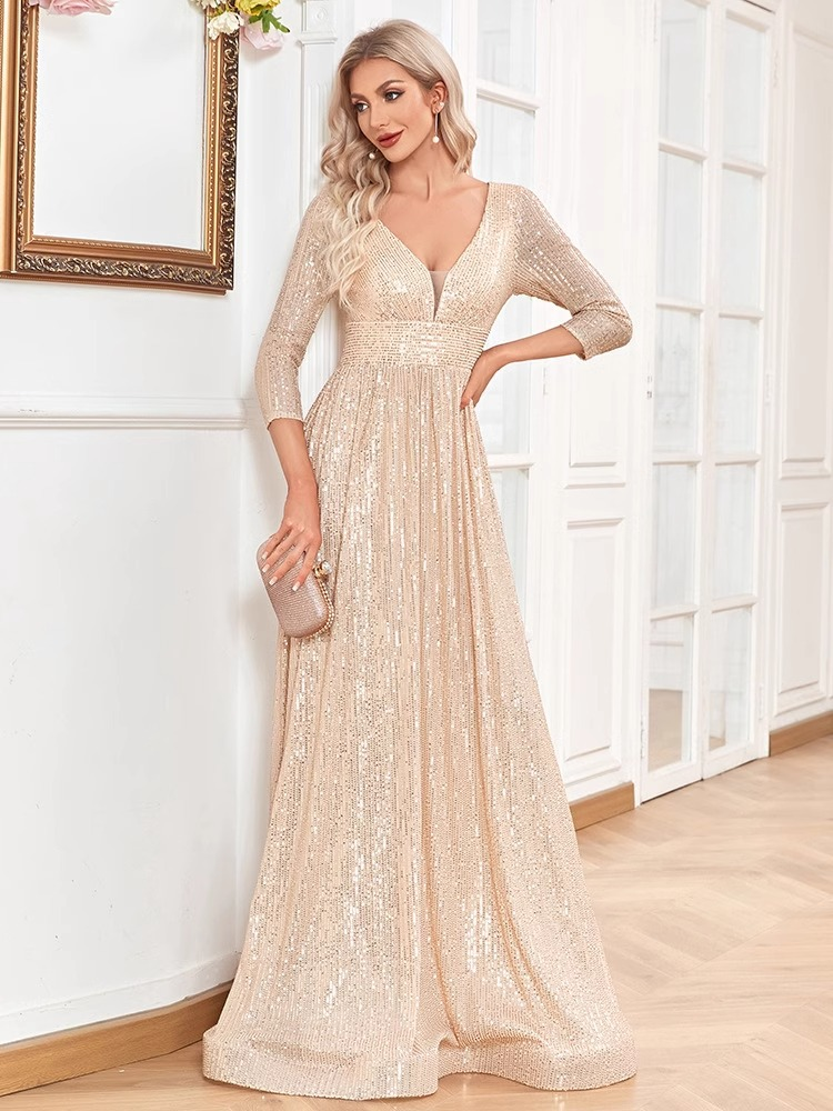 Abendkleid mit Pailletten, großer Schwung, V-Ausschnitt, hohe Taille, Host-Bankettkleid, Abend-Performance-Kleid_voghion.com