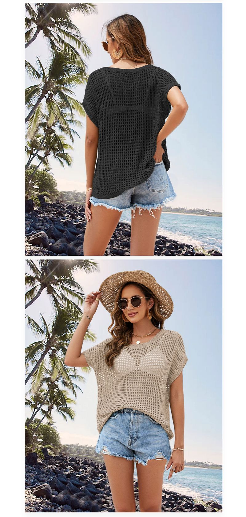 Top lavorato a mano all'uncinetto con maniche a pipistrello - Copricostume leggero in pizzo per donna, camicetta ampia in stile boho chic, maglietta casual estiva_voghion.com