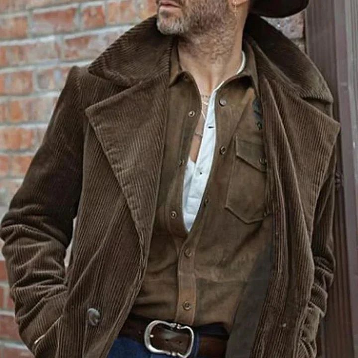 Men's Vintage Corduroy Long Coat - Classic Slim Fit Jacket For Winter, Business Casual Outerwear With Notched Lapel_voghion.com