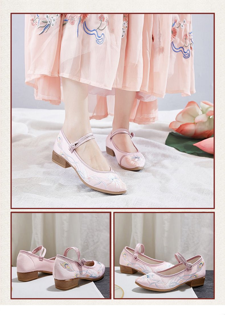 Holzsohle Quadratisch gemustert Besticktes Tuch Damen Flachmund Tanzschuhe Modische Spitzschuh_voghion.com