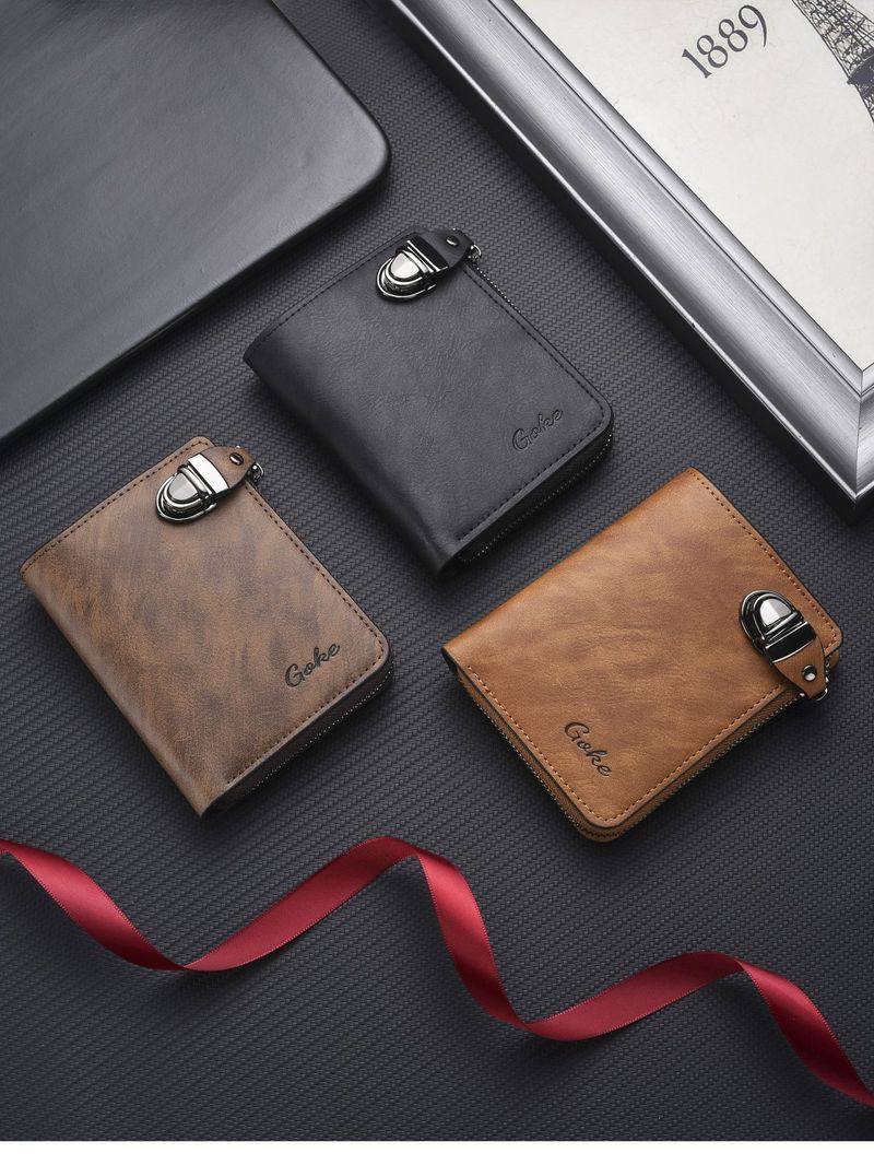 Cartera para hombre, estilo retro de alta gama, de PU, corta, con cierre para tarjetas de crédito y monedero._voghion.com