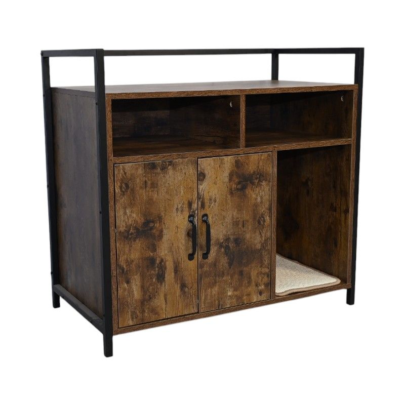 Rustic Brown Wooden Cat Litter Box Enclosure, Spacious Hidden Cat Litter Box With Scratching Mat Furniture For Bedroom, Bathroom, Living Room-31.9"x17.7"x31.4", 61 Lbs_voghion.com