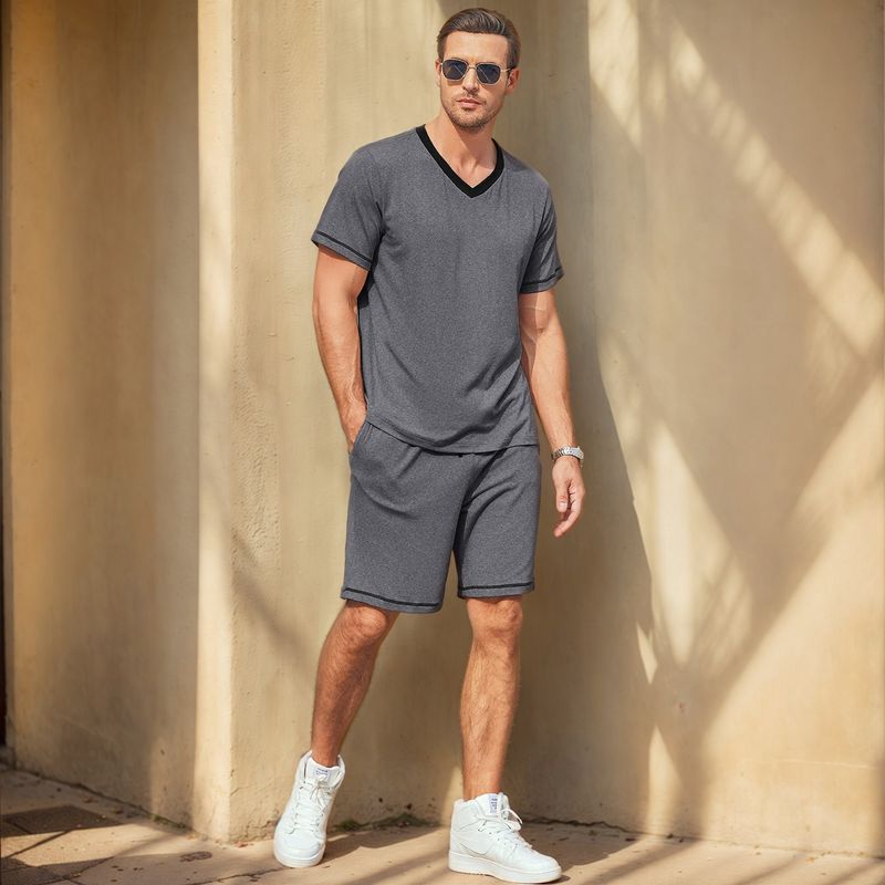 Ensemble d'été deux pièces à manches courtes et short, couleur unie, sport, décontracté, pour homme_voghion.com