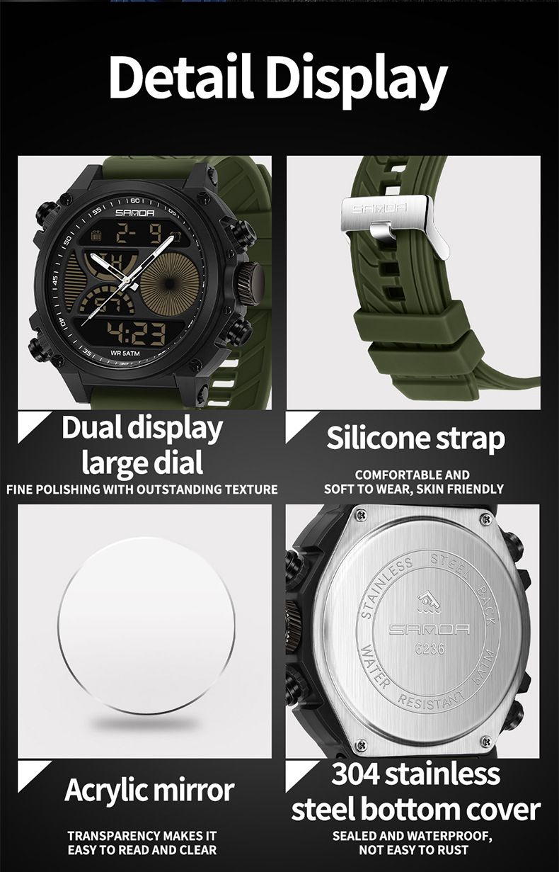 Men's Sports Watch With Dual Display, Luminous Hands, 50m Waterproof, Alarm, Stopwatch, Week & Date Outdoor Activities Dual Display Electronic Watch_voghion.com