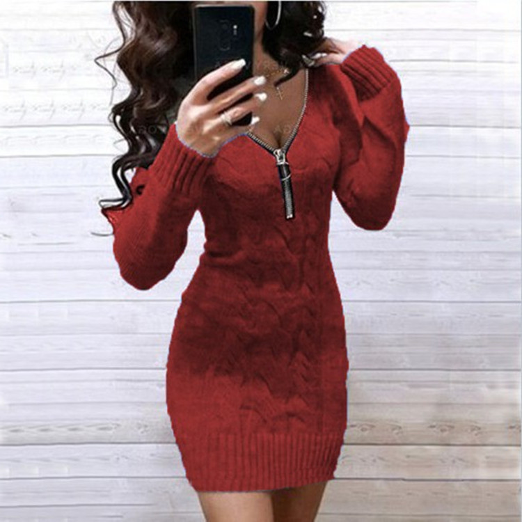 Maglione da donna, lunghezza media, cerniera, scollo a V, cappotto, vestito_voghion.com