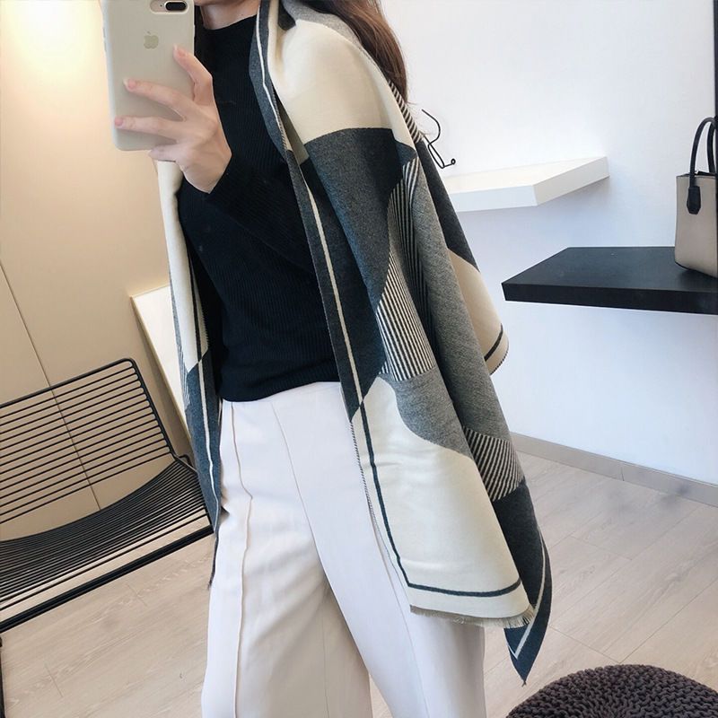 2025 Autumn Winter Geometric Pattern Korean High-end Cashmere Scarf For Women Warm Versatile Internet Celebrity Long_voghion.com