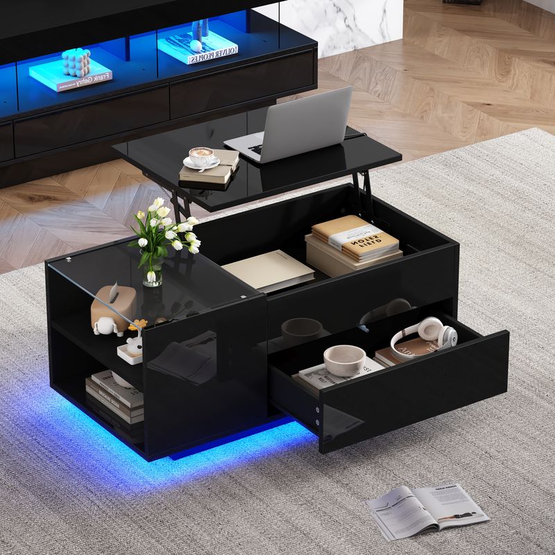 Table basse réglable en hauteur 95 x 48 x 42 cm avec rangement dissimulé, éclairage LED, tiroir et prise de courant - Table d'appoint de salon noire_voghion.com