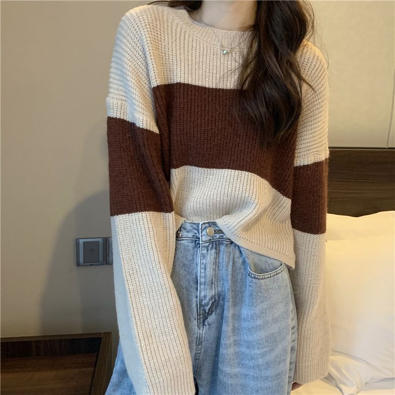 Pull à manches longues style paresseux, ample et amincissant, polyvalent, haut court en tricot à blocs de couleurs, tenue printemps-automne_voghion.com