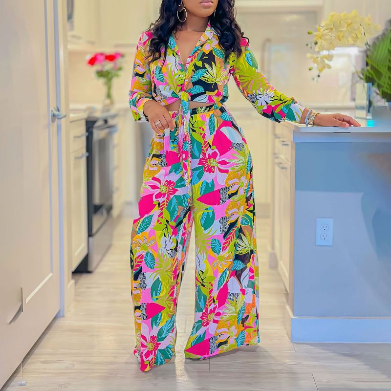 Conjunto de duas peças feminino, manga comprida, estampado, camisa de botão único, lapela, calça larga, primavera/verão 2025_voghion.com