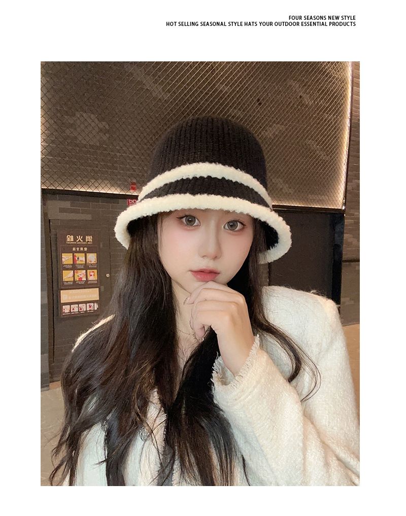 Damen Herbst Winter Neue Lammwolle Fischermütze Farbblock Vielseitiger Bucket Hat Warm Kältefest Strickmütze Trendy_voghion.com