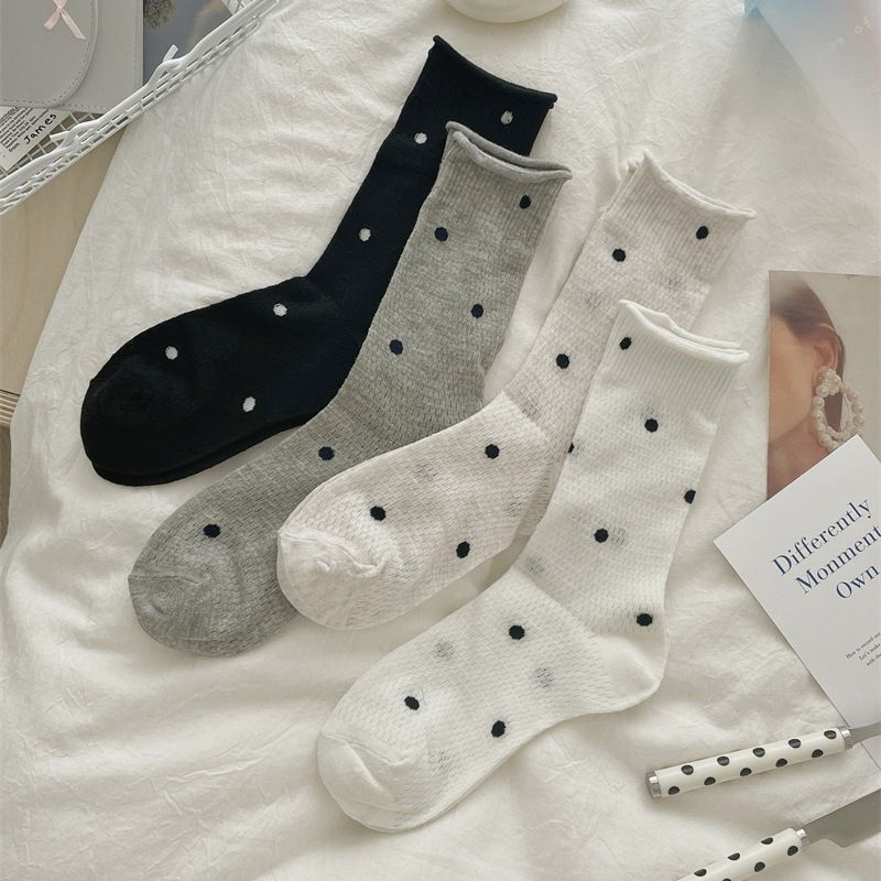 Ballet Style Thin Women's Mid-Calf Hollow Mesh Rolled Edge Slouch Polka Dot Summer Long Cotton Socks_voghion.com