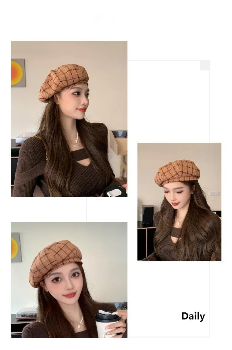 New Hot British Plaid Belle Autumn and Winter New Korean Version Casual Artist Women's Simple Woolen Bud Hat Trend_voghion.com