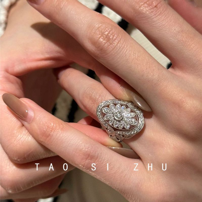 Vintage-Mikropavé-Zirkonblume, hochwertiges, leichtes Luxus-Nischendesign, vielseitiger offener Ring_voghion.com