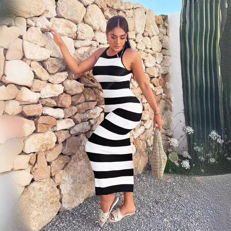 Two Tone Striped Pattern Slim Sweater Dress_voghion.com