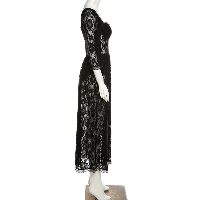 Abito slim da donna con spacco sexy e maniche a nove quarti in pizzo trasparente con scollo quadrato_voghion.com