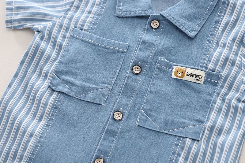 Grenzüberschreitender Außenhandel Kinderkleidung Jungenanzug Sommer Neu Gestreiftes, farblich passendes Jeanshemd Bequemer Anzug mit kurzen Ärmeln und Shorts_voghion.com