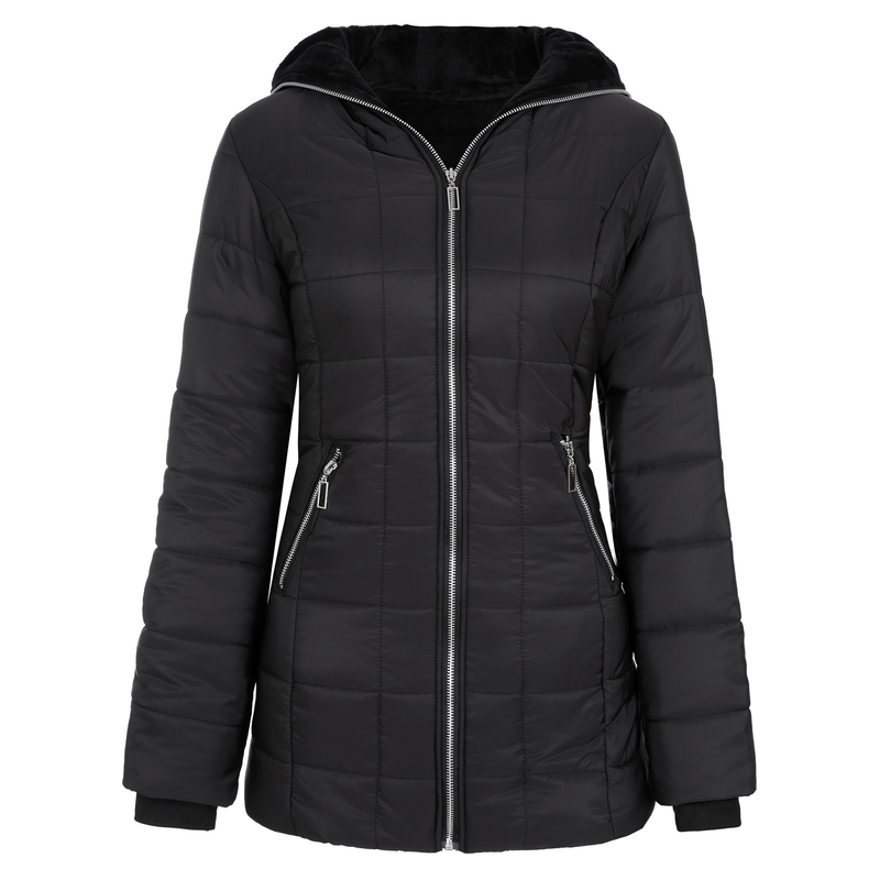 Women's slim-fit hooded warm woolen padded jacket with long black padded jacket_voghion.com