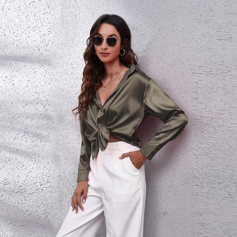 Women's clothing color D shirt satin silk imitation long sleeve shirt_voghion.com