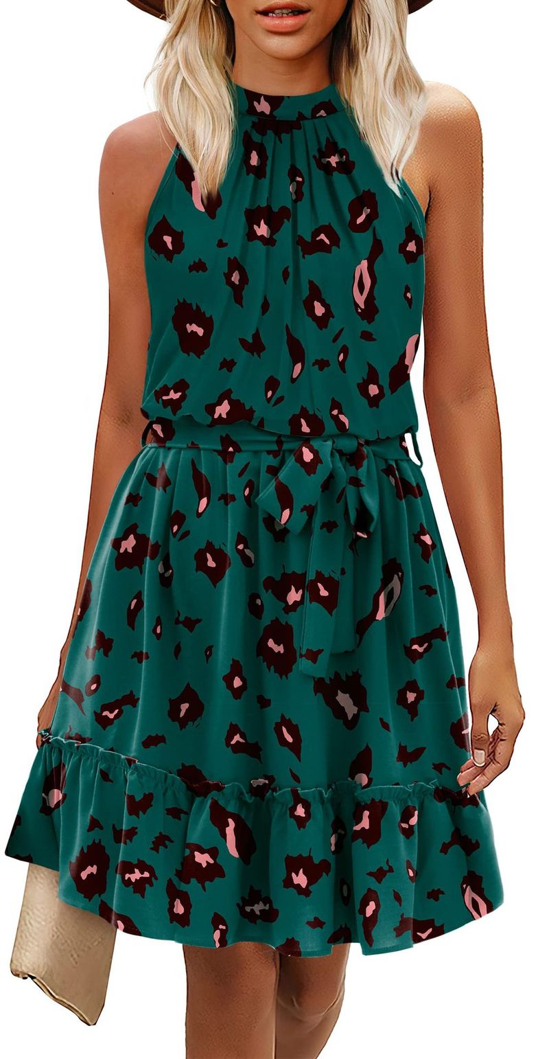 2023 Frühling und Sommer, A-Linien-Rock, Neckholder, florales Schnür-Tunika-Kleid mit offenem Rücken_voghion.com