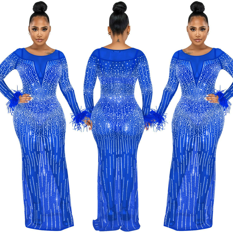 Damenmode-Nachtclub-Party mit Diamant-Damen-Mesh-Perspektive, langärmeliges Kleid, Damenkleid_voghion.com