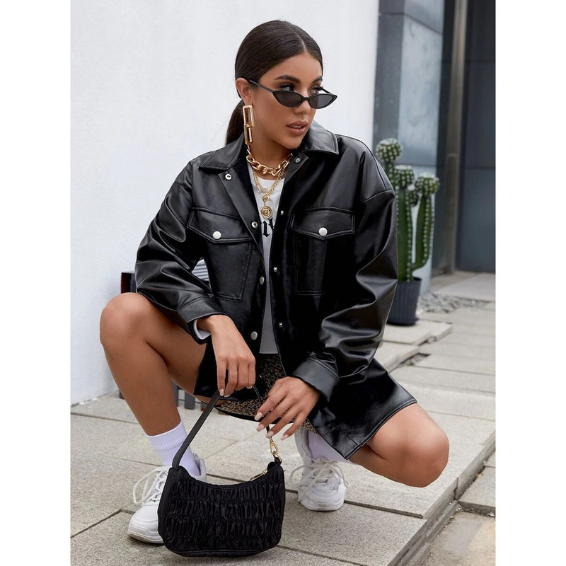 Winter Black Leather Jacket Women Winter Long Women's Moto Biker Zipper Jacket Streetwear Haruku Y2K Loose Women's Coat_voghion.com