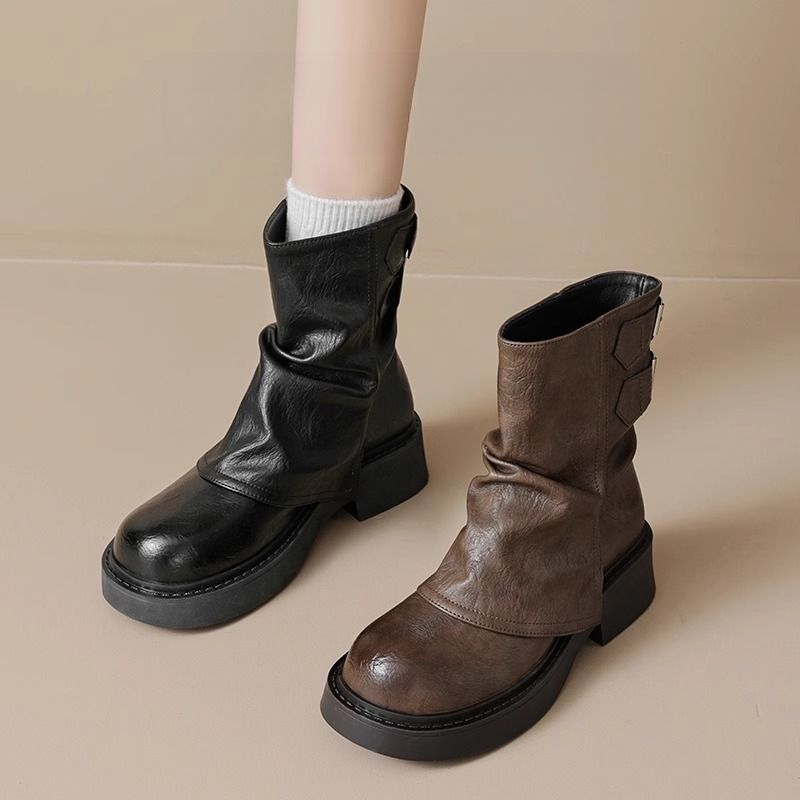 Bottes Martin courtes à la mode pour femmes, automne et hiver 2025, semelle épaisse, revers marron, style western, confortables, légères, tendance et polyvalentes_voghion.com