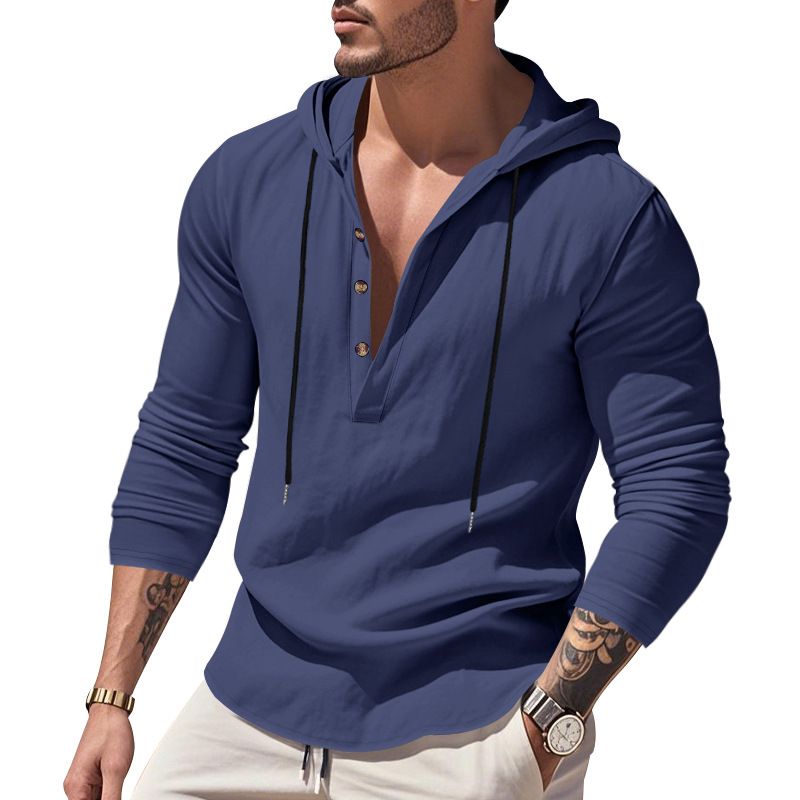 Lente en herfst lang mouwen linnen overhemd heren capuchon casual losse T-shirt trui heren_voghion.com