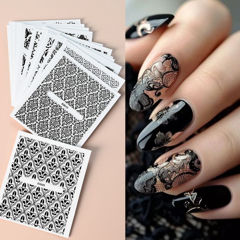 Nagelaufkleber mit Spitzen-Design, Schwarz und Silber, 30-teiliges Vintage-Set, selbstklebende Nagelkunst-Aufkleber zum Selbermachen_voghion.com