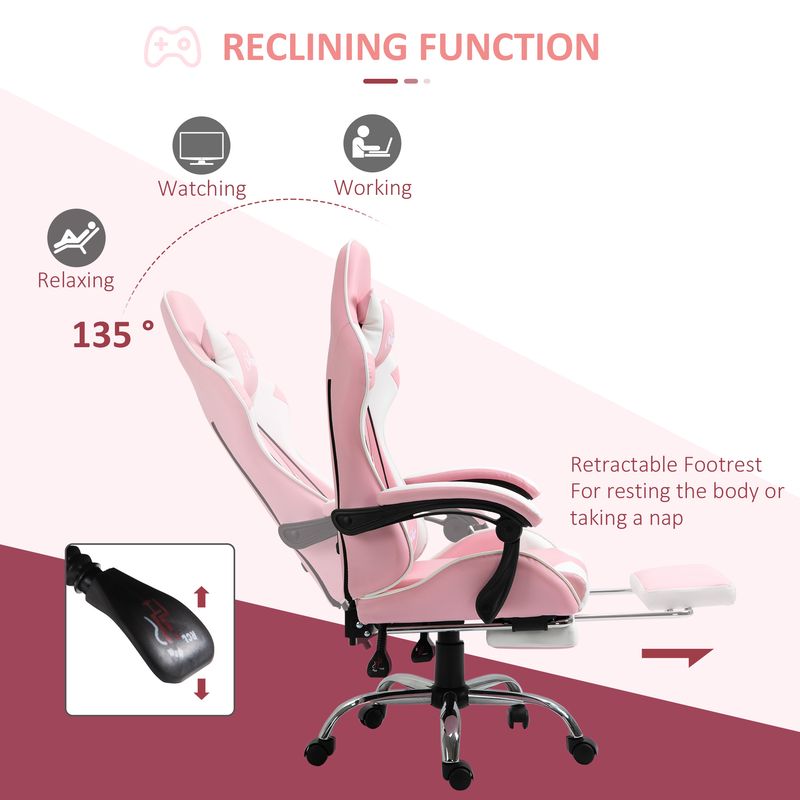 Chaise de jeu ergonomique Vinsetto avec appui-tête et support lombaire, hauteur réglable, pivotante à 360°, rose et blanc_voghion.com