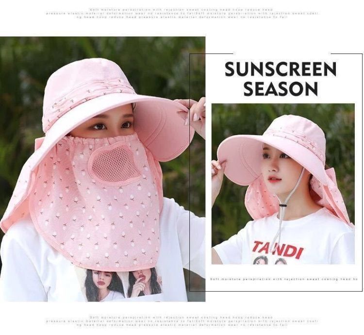UV Protection Tea Picking Cycling Women's Face Covering Breathable Wide Brim Summer Mask Versatile Cool Sun Hat Travel_voghion.com