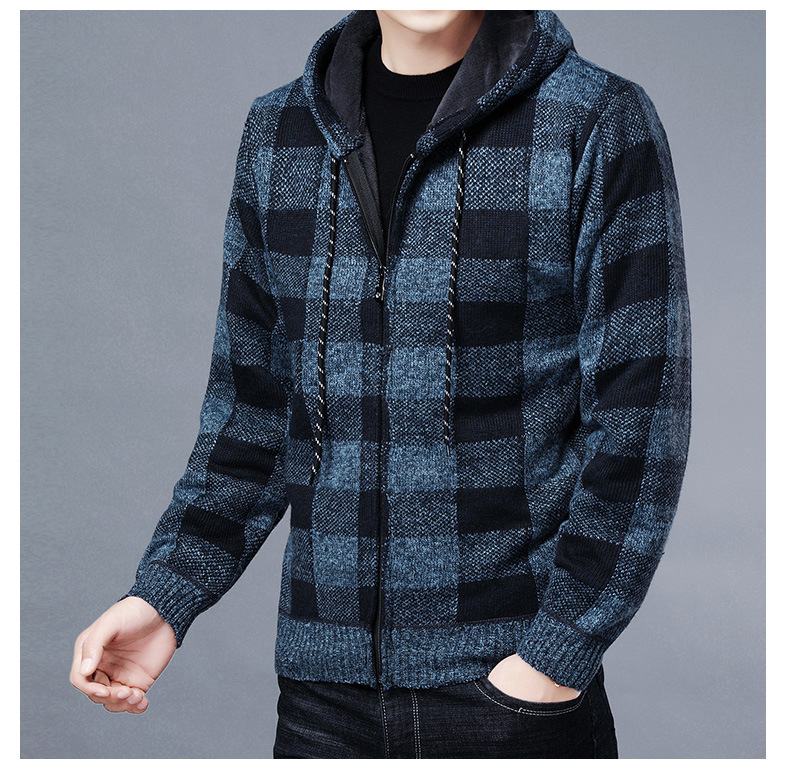 Cardigan da uomo in versione coreana, con cappuccio invernale, in peluche e spesso plaid, a maniche lunghe_voghion.com