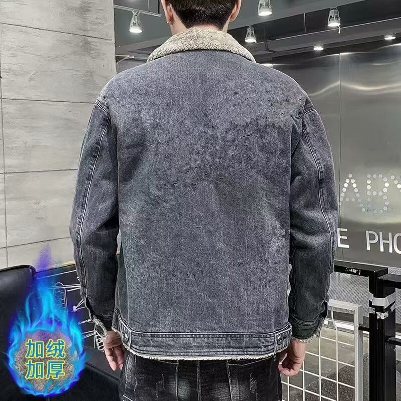7045555501<2 QFV507045555501<2 Men's Denim Autumn Winter Thickened Fleece American Style Trendy Jacket Handsome Lamb Wool Cotton Coat Top Cross-Border_voghion.com