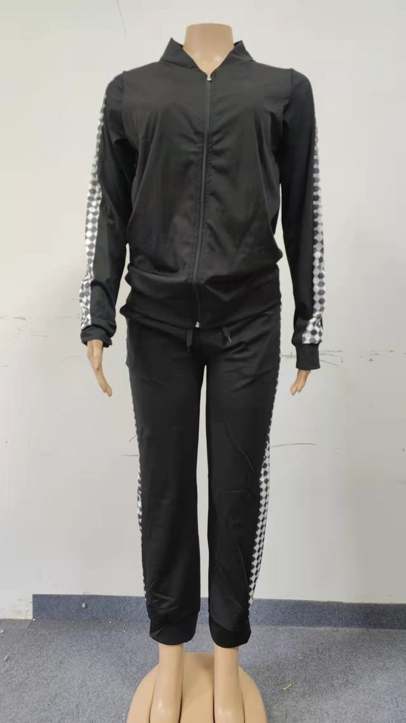 2023 Autumn And Winter New Women's Long Sports Casual Zipper Patchwork Plaid Set For Women_voghion.com