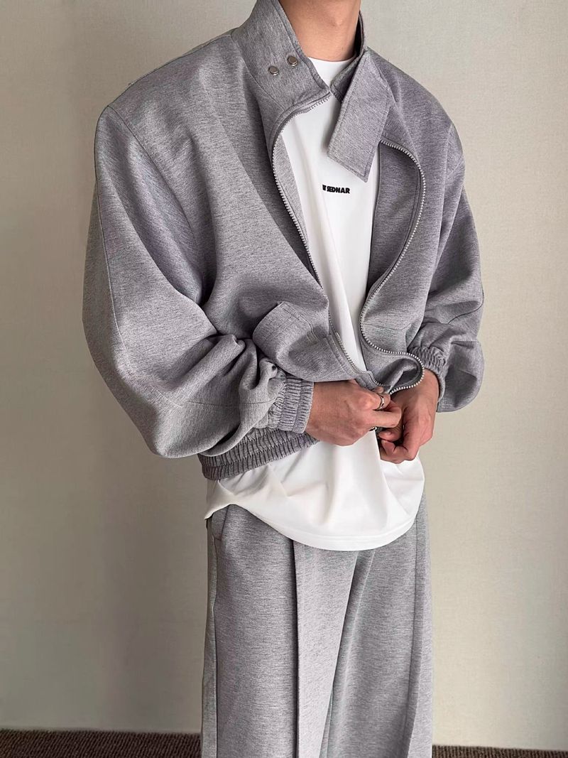Vêtements pour hommes décontractés amples épaulettes col montant pull costume hommes automne sport deux pièces costume tendance garçons couleur unie_voghion.com