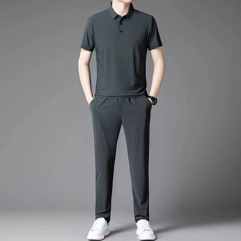 2025 Feel Running Sports Suit For Men Summer Thin Ice Silk Turn-down Collar T-shirt Men's Casual Set_voghion.com